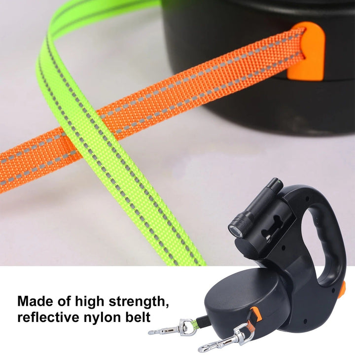 Retractable Dubbel Hundkoppel – Automatisk 1-Till-2 Husdjurskoppel med Ficklampa &amp; Påse Dispenser