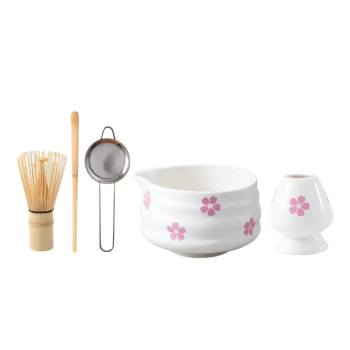 Matcha-set med 5 delar – Japanskt teservice med tekopp, bambupensel och sil.