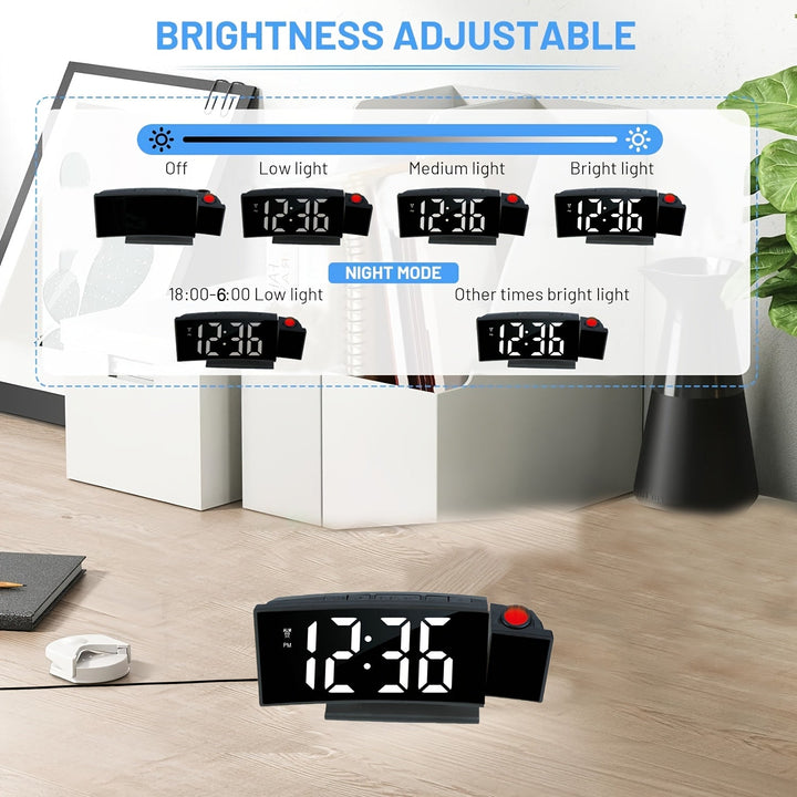 Digital projektionsväckarklocka – LED-display och snooze-funktion med justerbar ljusstyrka