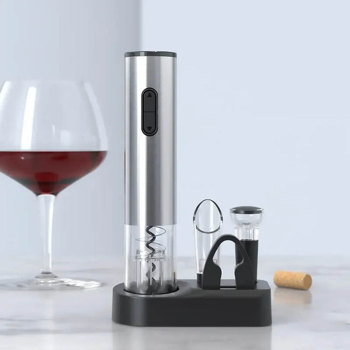 Elektrisk Vinöppnare Set 5-i-1 med Folieskärare, Vinhällare &amp; Vakuumpropp – Automatisk Korkskruv &amp; Displaybas | Perfekt Present för Vinälskare