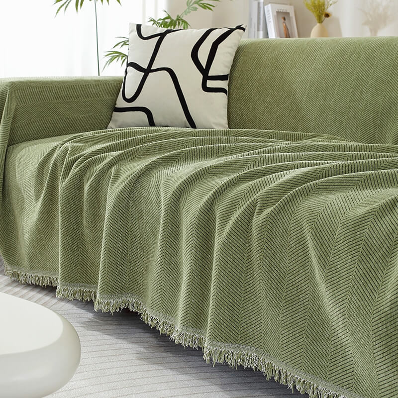 CozyWeave Sofföverdrag i Chenille – Elegant Fiskbensmönster med Dekorativa Tofsar