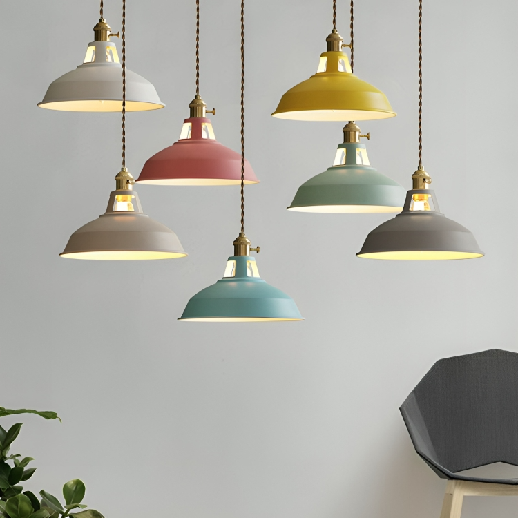 Industriell mässingshängande lampa med blå skärm