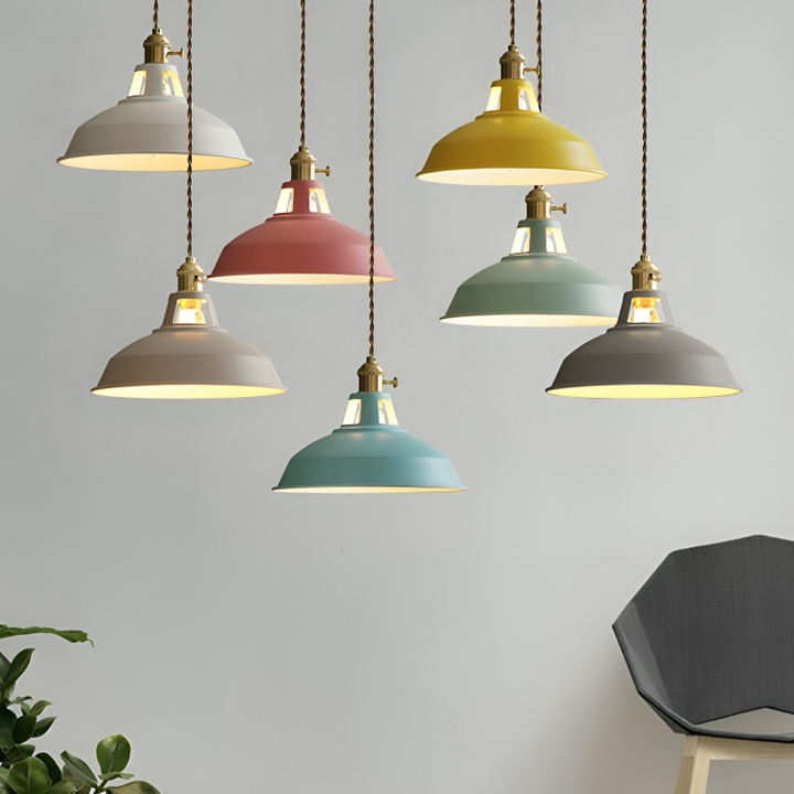 Industriell mässingshängande lampa med blå skärm