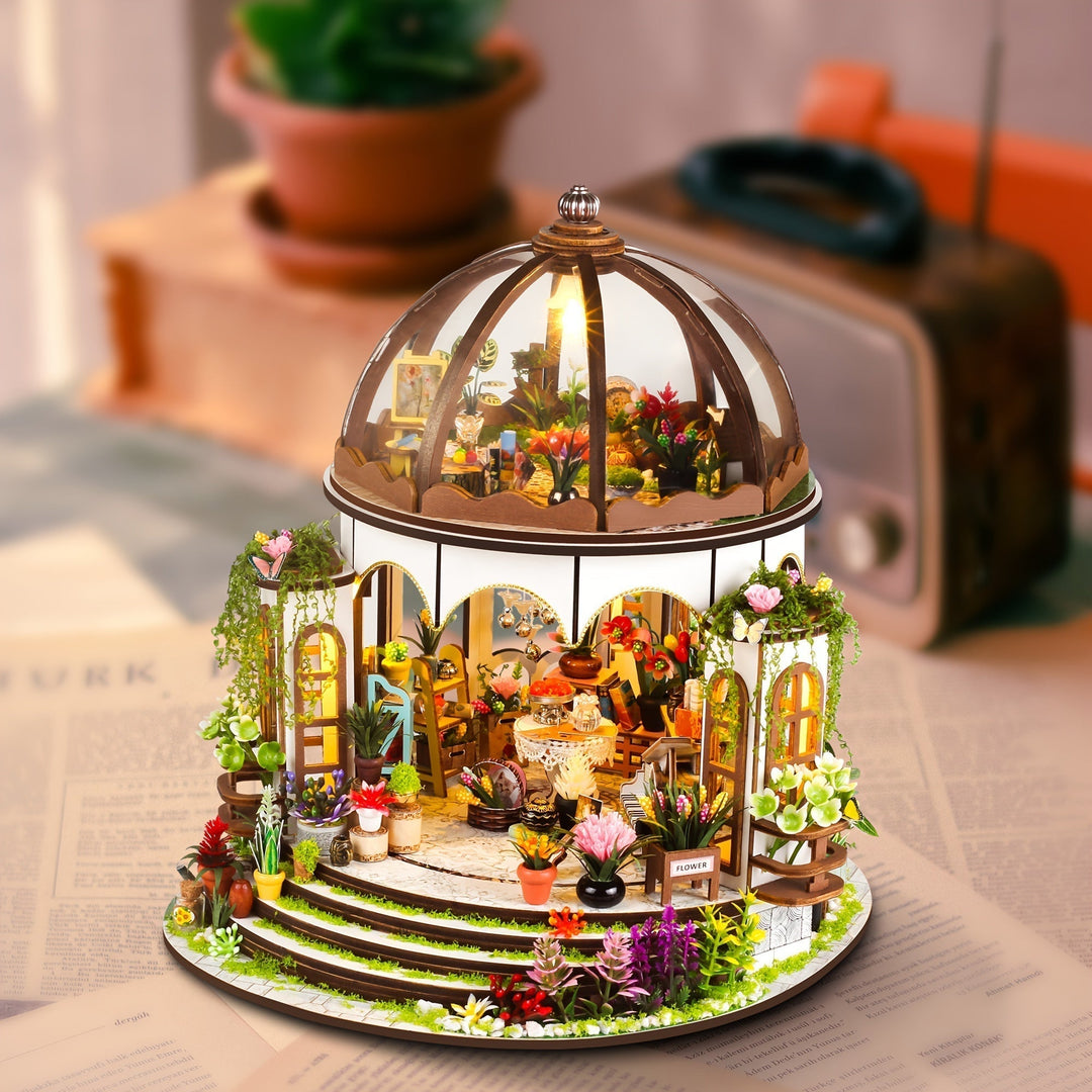 Miniatyr Blomhus – 3D Träpussel med LED-belysning och Detaljerad Trädgård