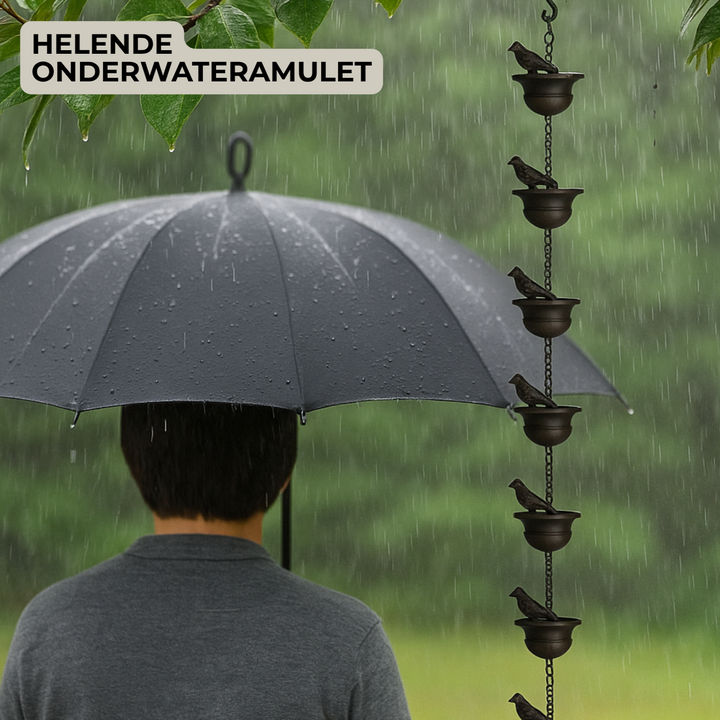 RainSong – Hängande regnkedja i metall för utomhusbruk med dekorativa fåglar och koppdetaljer