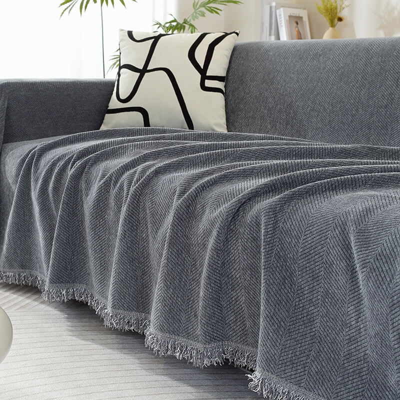 CozyWeave Sofföverdrag i Chenille – Elegant Fiskbensmönster med Dekorativa Tofsar