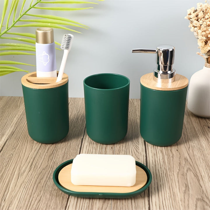 Badaccessoarer Set med Bambulock – 4-delars Set för Badrumsinredning