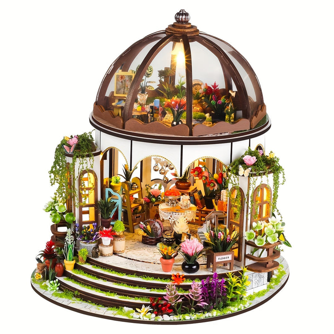 Miniatyr Blomhus – 3D Träpussel med LED-belysning och Detaljerad Trädgård