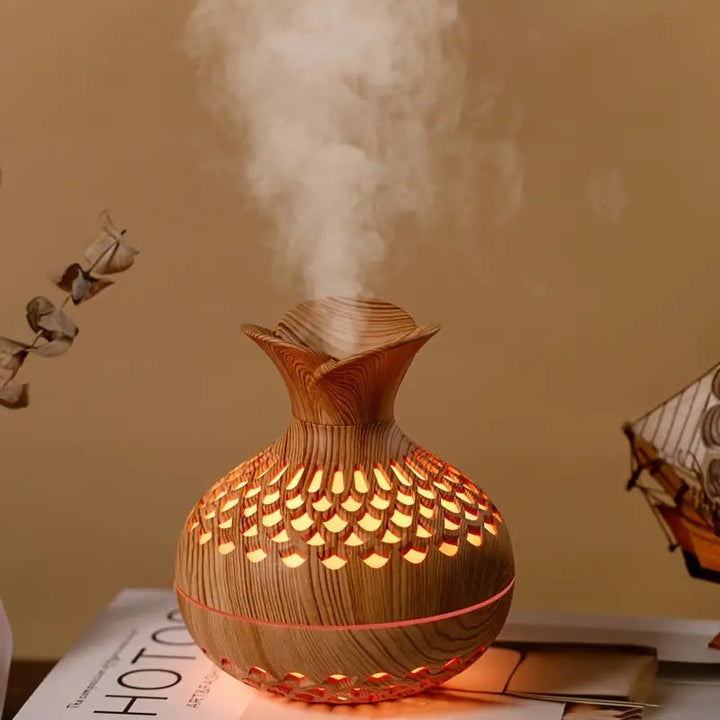Aromaterapi-luftfuktare Med LED – Diffuser I Trälook &amp; Nattljus