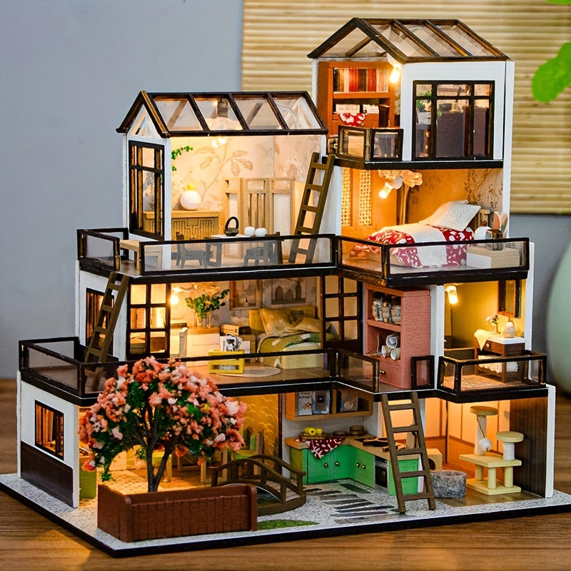 Miniatyr Villa 3D Pussel Kit – Handgjord Modell med LED-belysning och Detaljerad Interiör