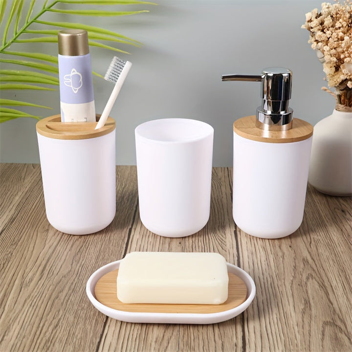 Badaccessoarer Set med Bambulock – 4-delars Set för Badrumsinredning