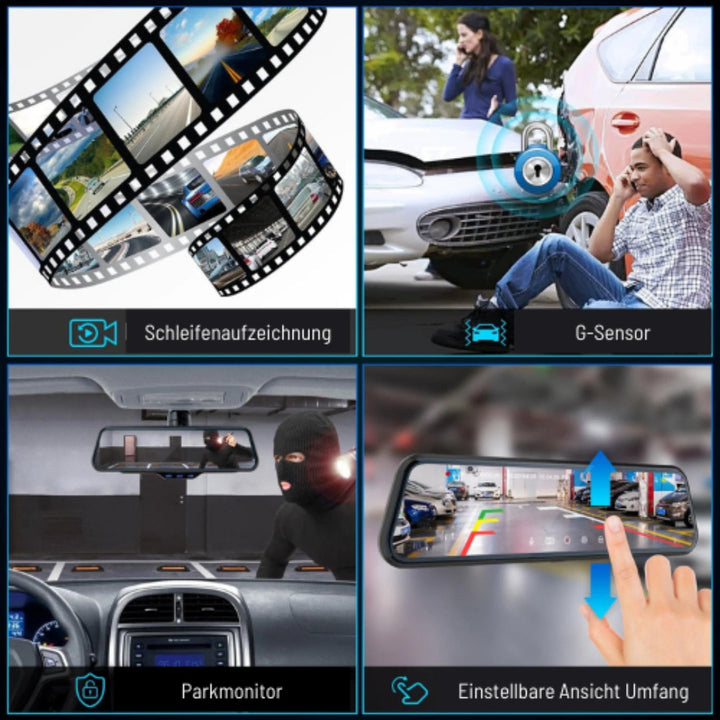 Carvallo – Smart spegelkamera med 4K-upplösning, bilspel, Android Auto och säkerhetsvarningar