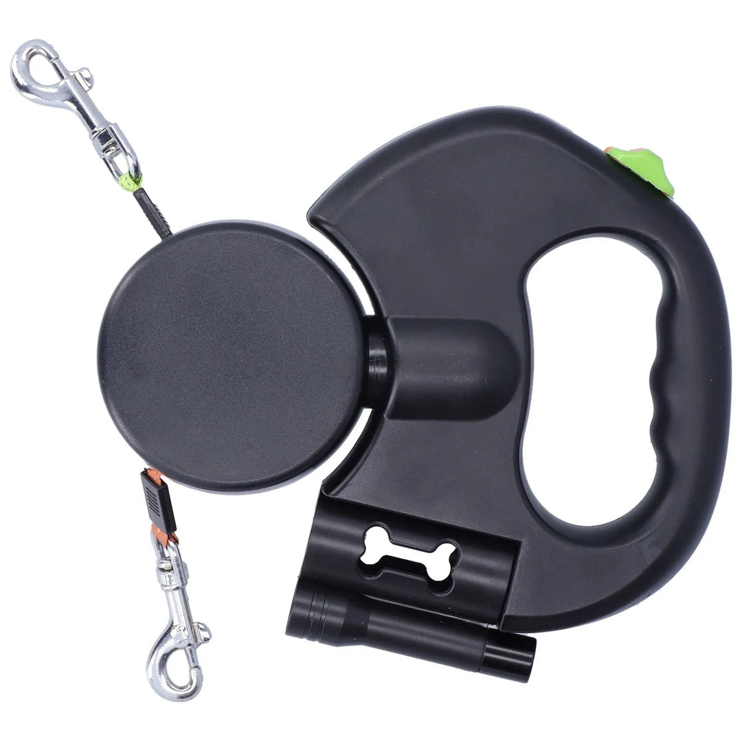 Retractable Dubbel Hundkoppel – Automatisk 1-Till-2 Husdjurskoppel med Ficklampa &amp; Påse Dispenser