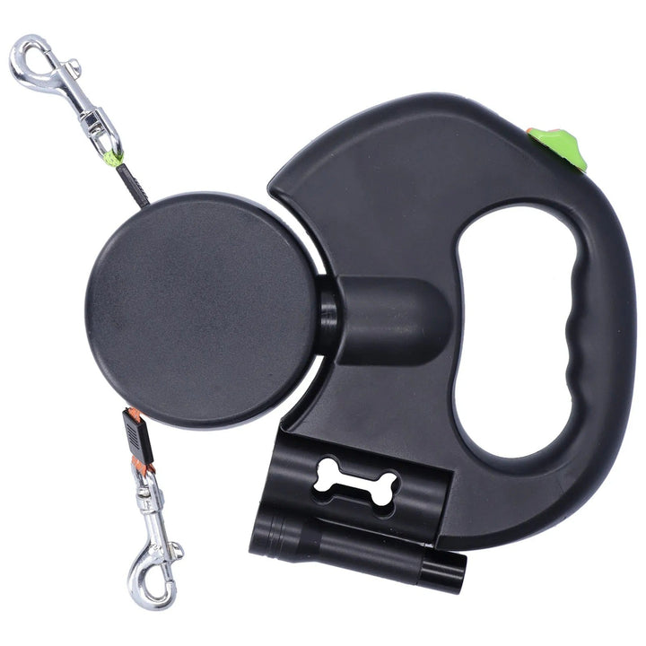 Retractable Dubbel Hundkoppel – Automatisk 1-Till-2 Husdjurskoppel med Ficklampa &amp; Påse Dispenser