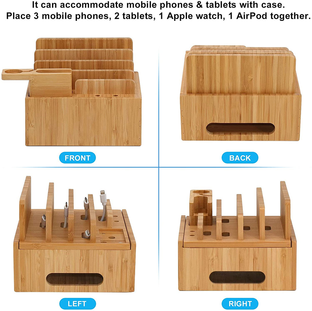Carvallo ChargeDock Laddningsstation i bambu | 5-portars USB &amp; Organiserare | För smartphone, surfplatta &amp; smartklocka | Inkl. Kabelset
