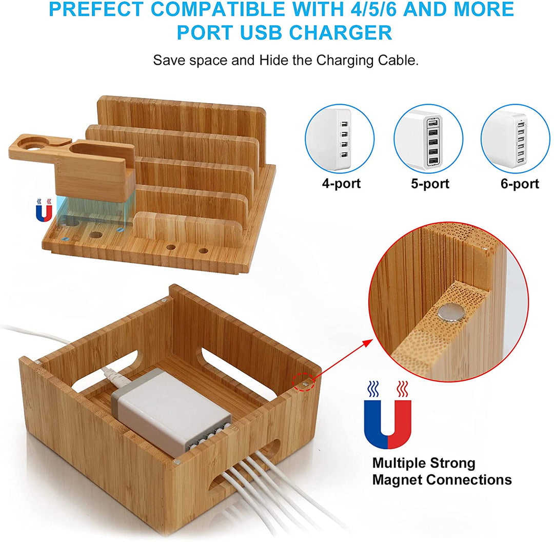 Carvallo ChargeDock Laddningsstation i bambu | 5-portars USB &amp; Organiserare | För smartphone, surfplatta &amp; smartklocka | Inkl. Kabelset