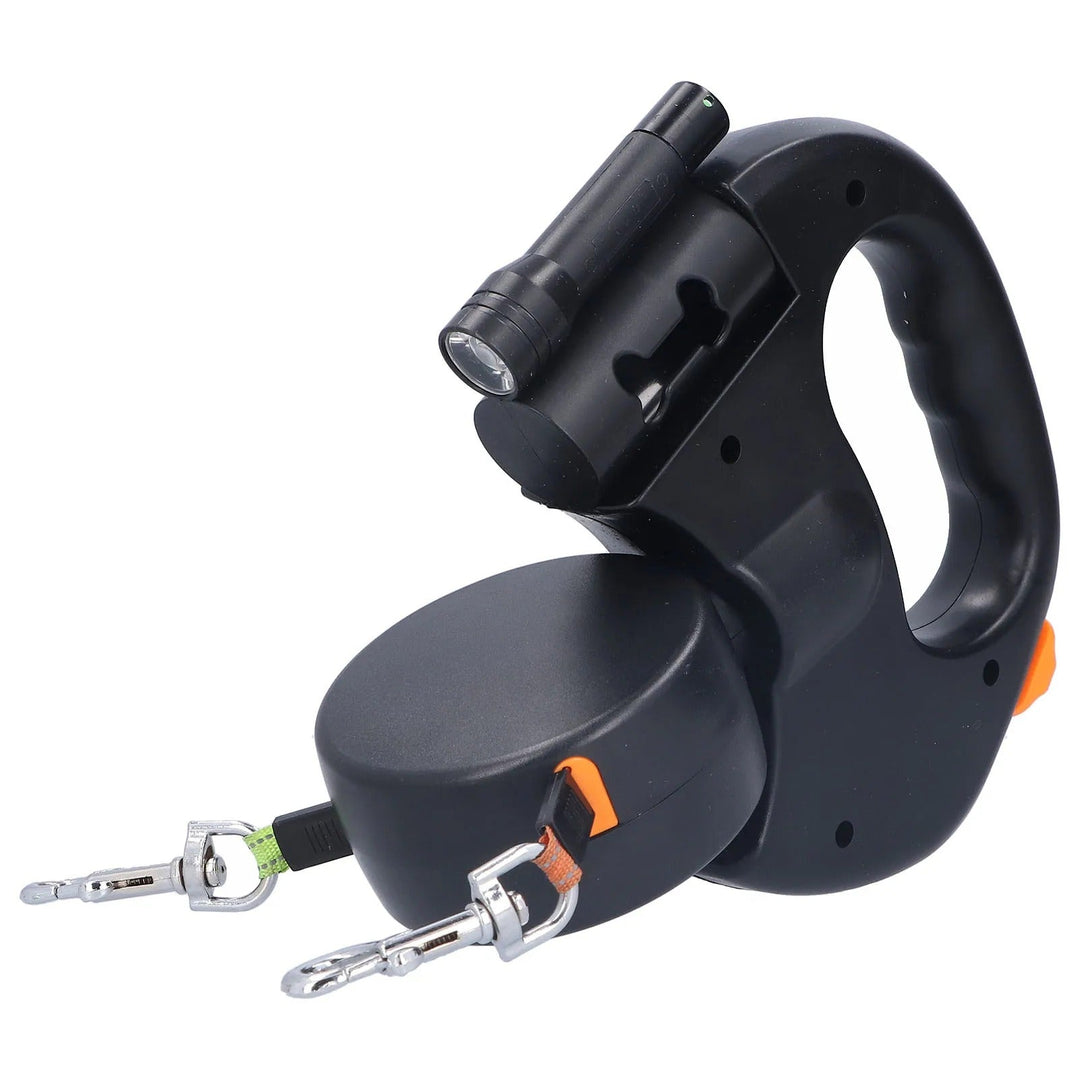 Retractable Dubbel Hundkoppel – Automatisk 1-Till-2 Husdjurskoppel med Ficklampa &amp; Påse Dispenser