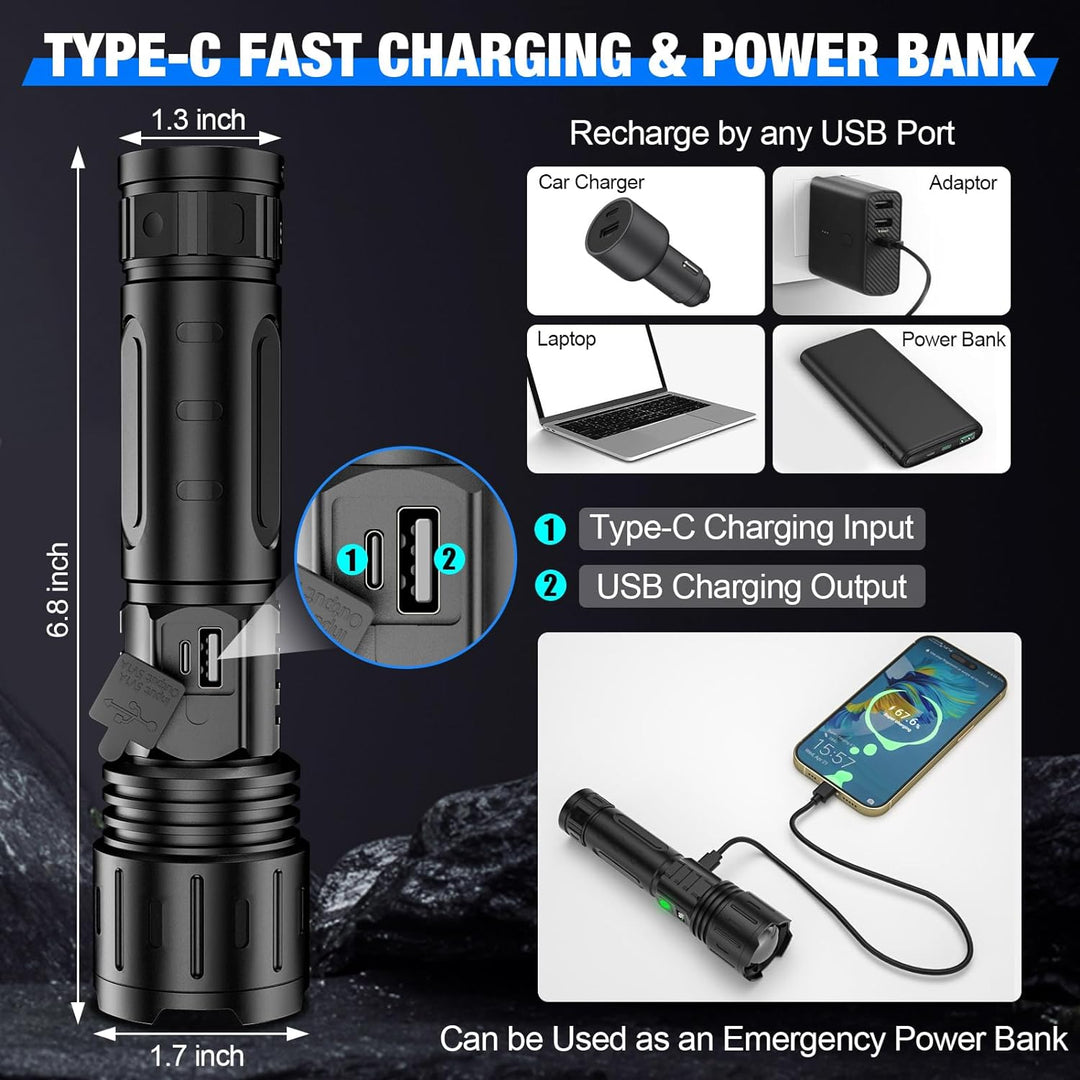 LuxRoyale 100,000 Lumen Taktisk Ficklampa – Laddningsbar LED-lampa med Power Bank, LCD-display och 3280 fot räckvidd