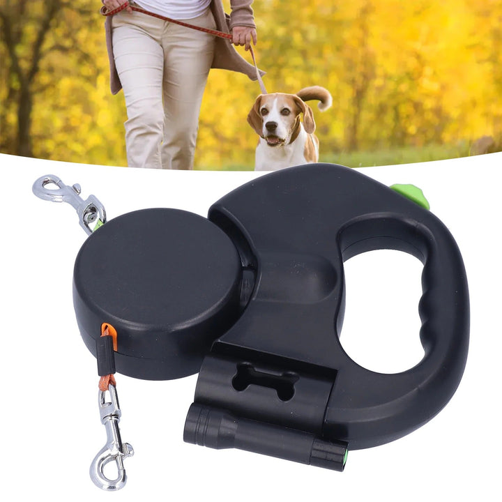 Retractable Dubbel Hundkoppel – Automatisk 1-Till-2 Husdjurskoppel med Ficklampa &amp; Påse Dispenser