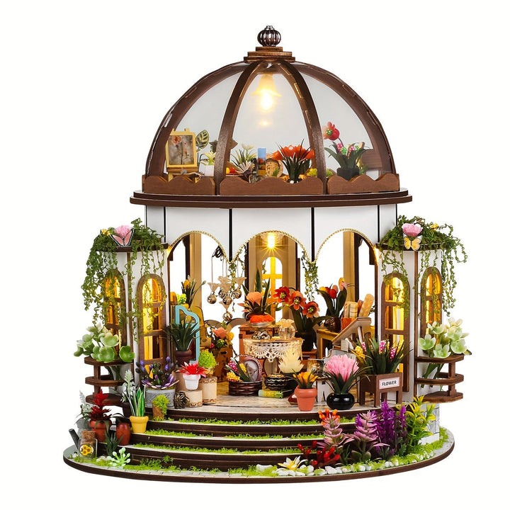 Miniatyr Blomhus – 3D Träpussel med LED-belysning och Detaljerad Trädgård
