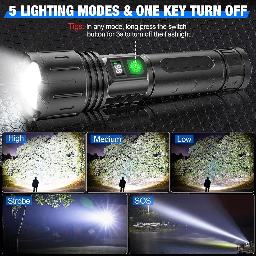 LuxRoyale 100,000 Lumen Taktisk Ficklampa – Laddningsbar LED-lampa med Power Bank, LCD-display och 3280 fot räckvidd