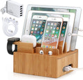 Carvallo ChargeDock Laddningsstation i bambu | 5-portars USB & Organiserare | För smartphone, surfplatta & smartklocka | Inkl. Kabelset