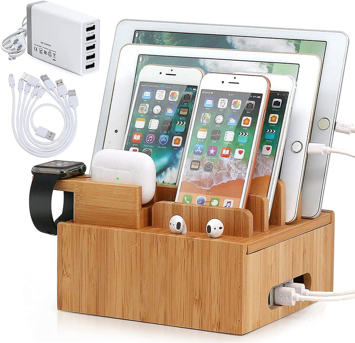 Carvallo ChargeDock Laddningsstation i bambu | 5-portars USB &amp; Organiserare | För smartphone, surfplatta &amp; smartklocka | Inkl. Kabelset