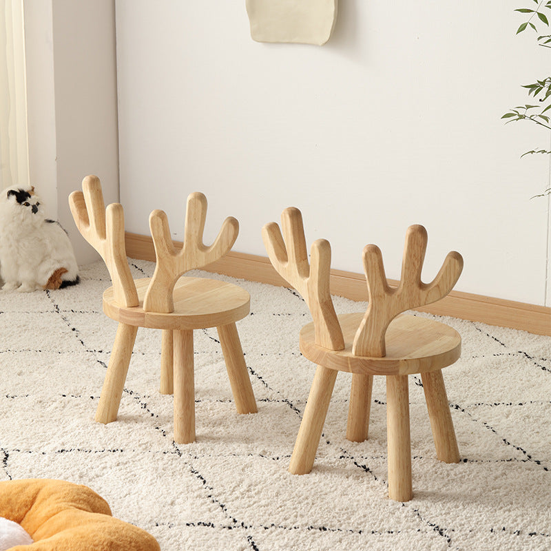 Kreativ barnpall i massivt trä med horn - Rund låg sits med ryggstöd för vardagsrum och entré