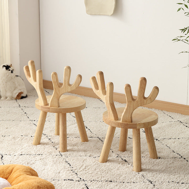 Kreativ barnpall i massivt trä med horn - Rund låg sits med ryggstöd för vardagsrum och entré