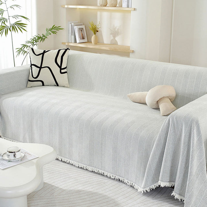 CozyWeave Sofföverdrag i Chenille – Elegant Fiskbensmönster med Dekorativa Tofsar
