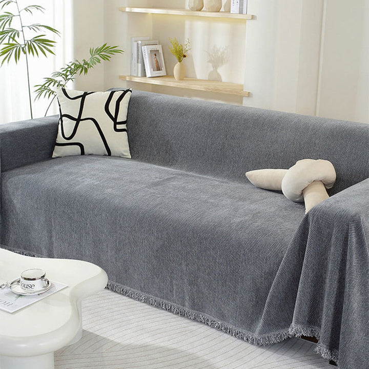 CozyWeave Sofföverdrag i Chenille – Elegant Fiskbensmönster med Dekorativa Tofsar