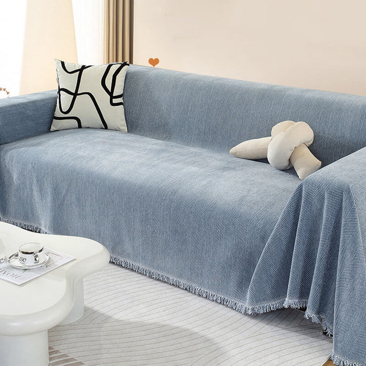 CozyWeave Sofföverdrag i Chenille – Elegant Fiskbensmönster med Dekorativa Tofsar