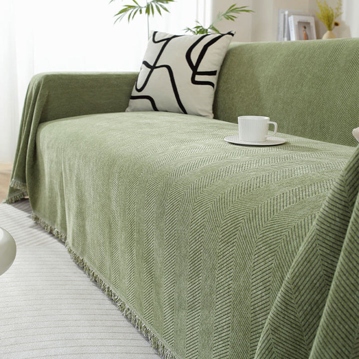 CozyWeave Sofföverdrag i Chenille – Elegant Fiskbensmönster med Dekorativa Tofsar