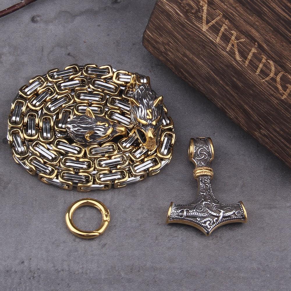 Rostfritt stål dubbelt varghuvud &amp; Mjolnir Survival Spirit Halsband/armband
