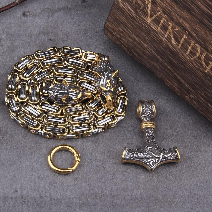 Rostfritt stål dubbelt varghuvud &amp; Mjolnir Survival Spirit Halsband/armband