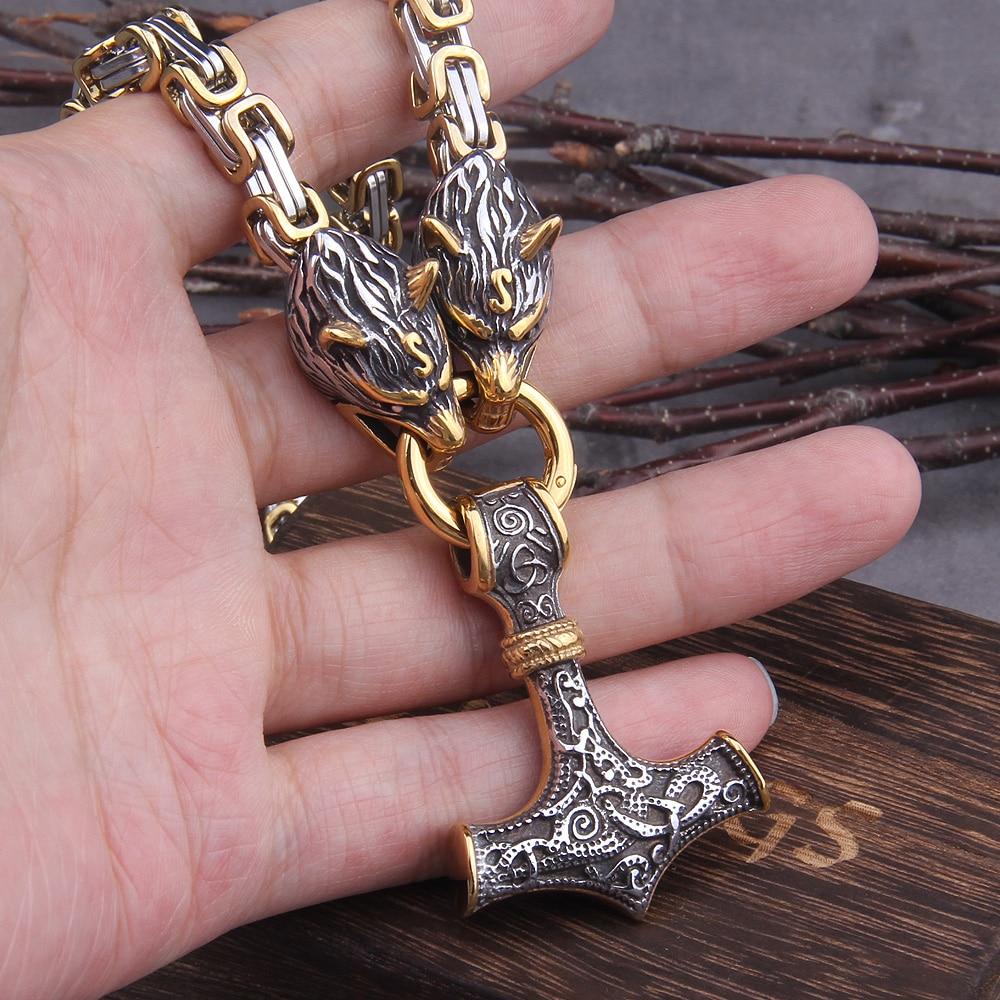 Rostfritt stål dubbelt varghuvud &amp; Mjolnir Survival Spirit Halsband/armband
