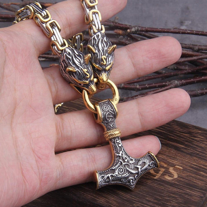 Rostfritt stål dubbelt varghuvud &amp; Mjolnir Survival Spirit Halsband/armband