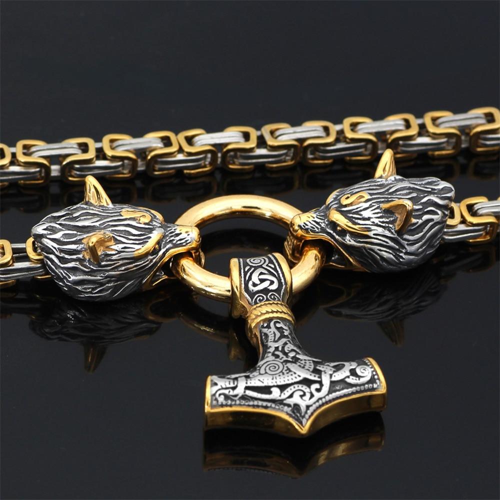 Rostfritt stål dubbelt varghuvud &amp; Mjolnir Survival Spirit Halsband/armband