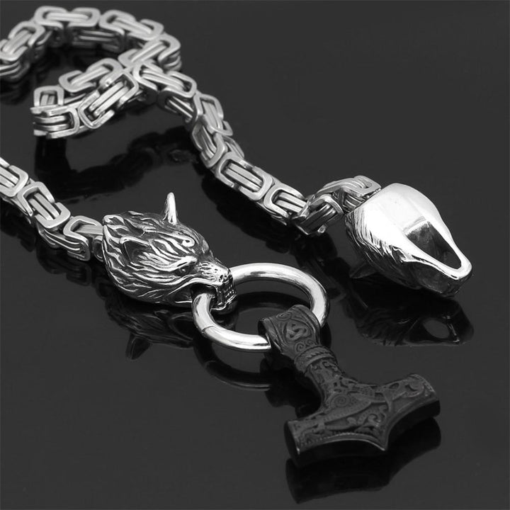 Rostfritt stål dubbelt varghuvud &amp; Mjolnir Survival Spirit Halsband/armband