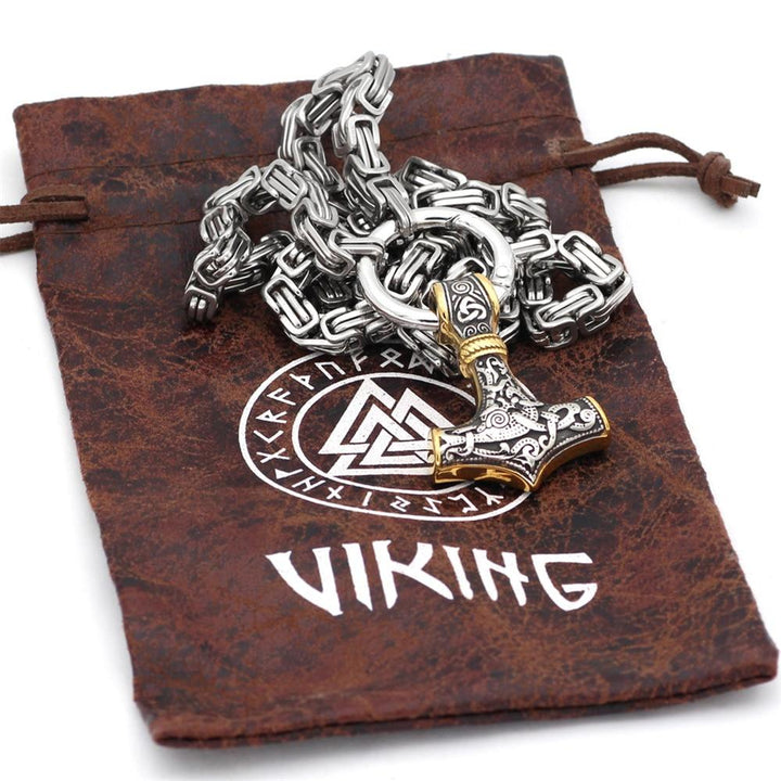 Rostfritt stål dubbelt varghuvud &amp; Mjolnir Survival Spirit Halsband/armband