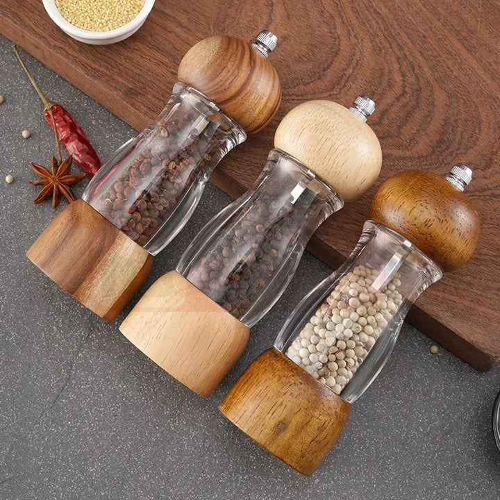 Pepparkvarn och saltkvarn set i trä och glas – Stiliga kryddkvarnar för köket