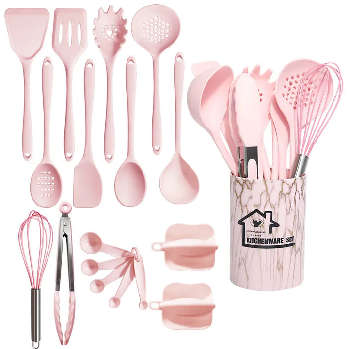 Carvallo Silikon Kökredskap Set Rosa | 18-delar | Livsmedelsäker &amp; Värmebeständig | Sked, Spatel, Matsked &amp; mer