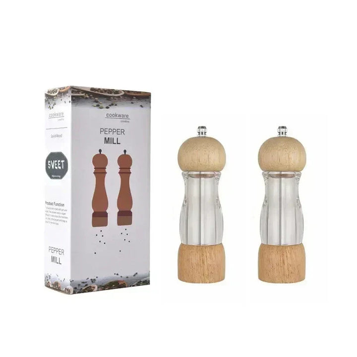 Pepparkvarn och saltkvarn set i trä och glas – Stiliga kryddkvarnar för köket