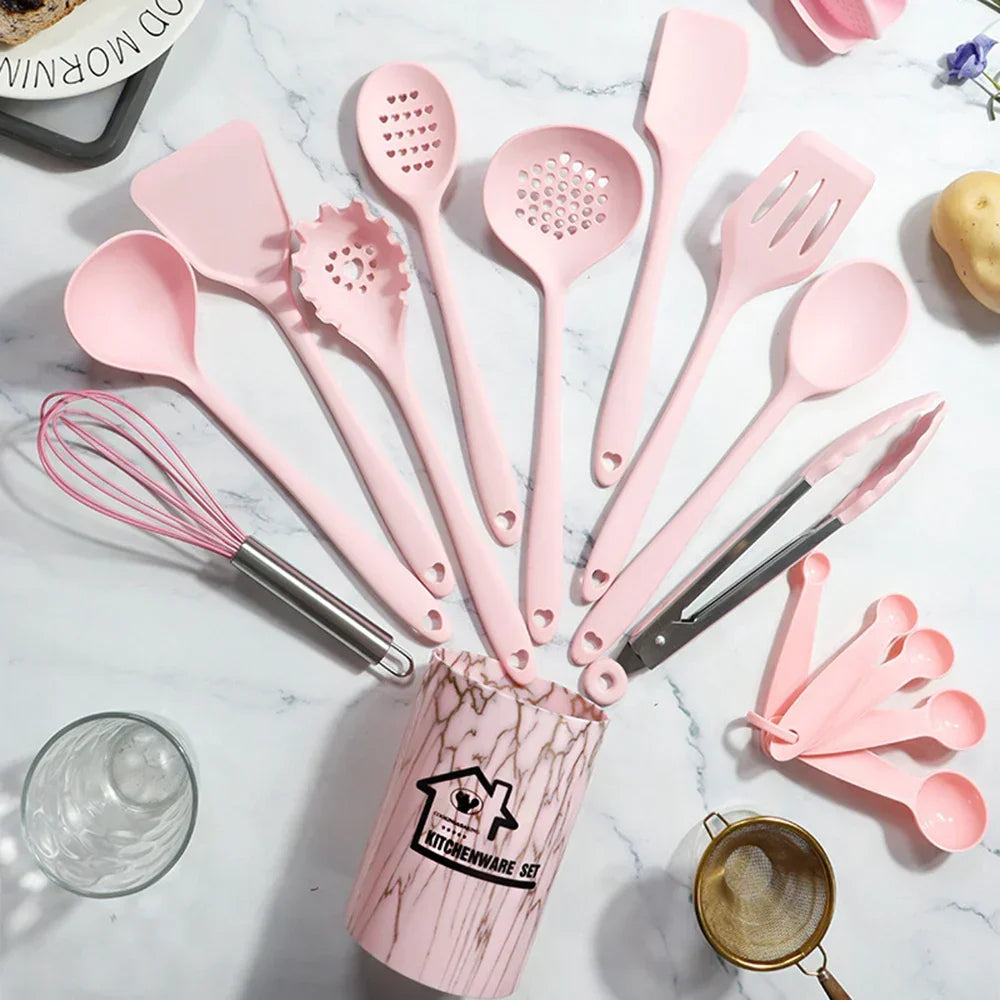 Carvallo Silikon Kökredskap Set Rosa | 18-delar | Livsmedelsäker &amp; Värmebeständig | Sked, Spatel, Matsked &amp; mer