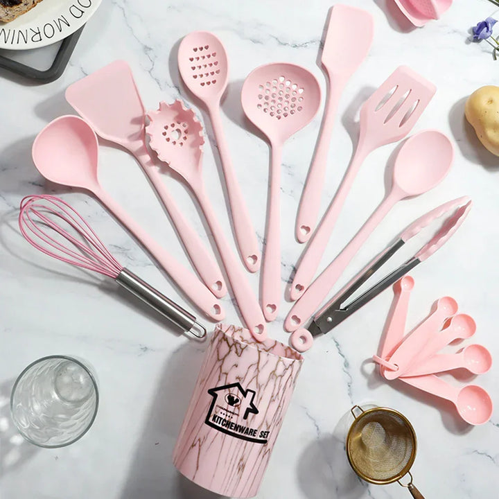 Carvallo Silikon Kökredskap Set Rosa | 18-delar | Livsmedelsäker &amp; Värmebeständig | Sked, Spatel, Matsked &amp; mer