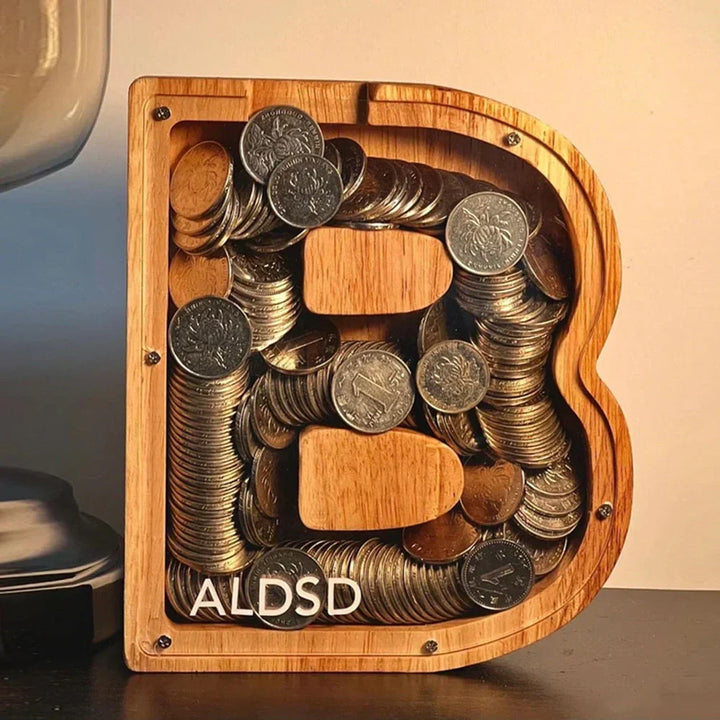 Trä Alphabet Spargris med transparent fönster för stiligt sparande