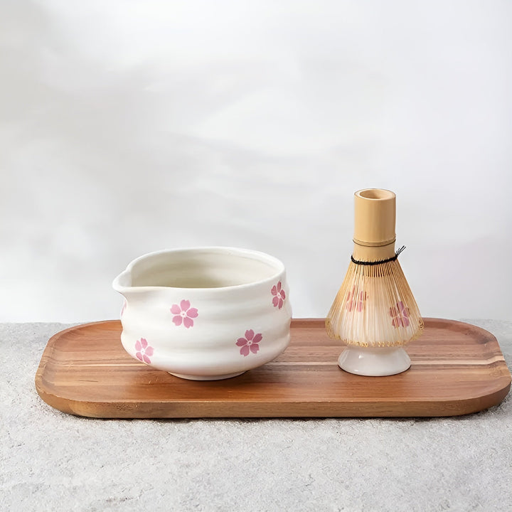 Matcha-set med 5 delar – Japanskt teservice med tekopp, bambupensel och sil.