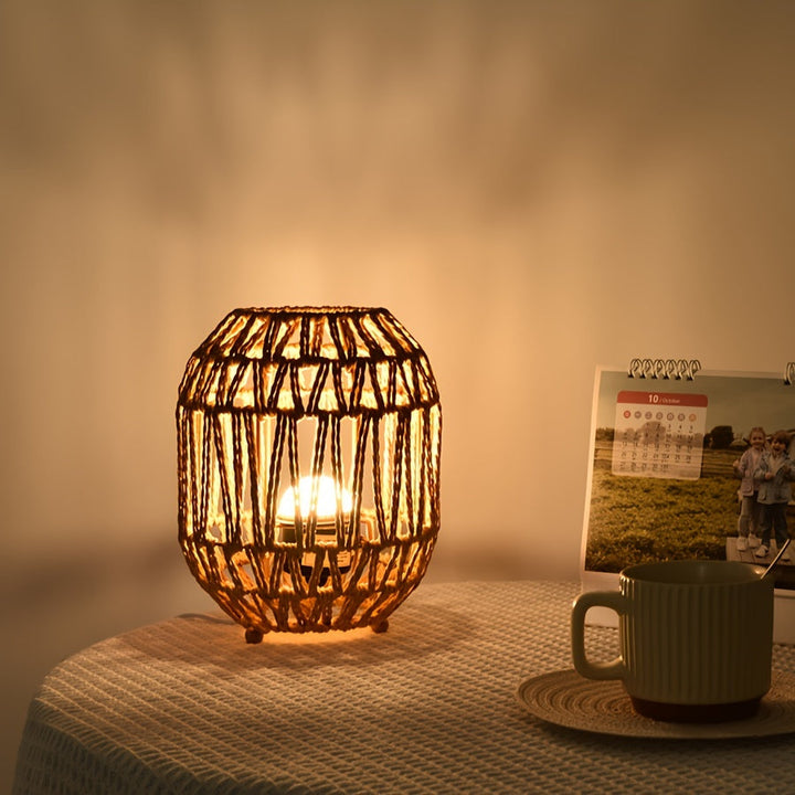 Bohemisk Rattan Bordslampa – Handgjord Ljus Accent för Sovrum eller Vardagsrum