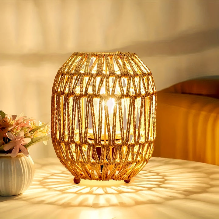 Bohemisk Rattan Bordslampa – Handgjord Ljus Accent för Sovrum eller Vardagsrum