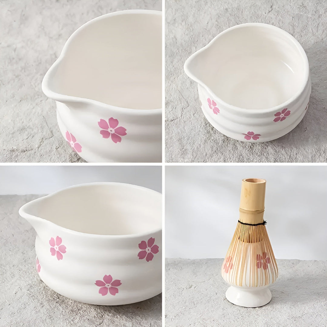 Matcha-set med 5 delar – Japanskt teservice med tekopp, bambupensel och sil.